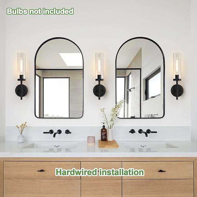 Hardwired Wall Sconces Set of Two, Matte Black Bathroom Sconces with Clear Glass, Modern Wall Light Fixtures for Bathroom Mirror Vanity, Living Room, Bedroom, Hallway, Stairway, Cabinet, Foyer