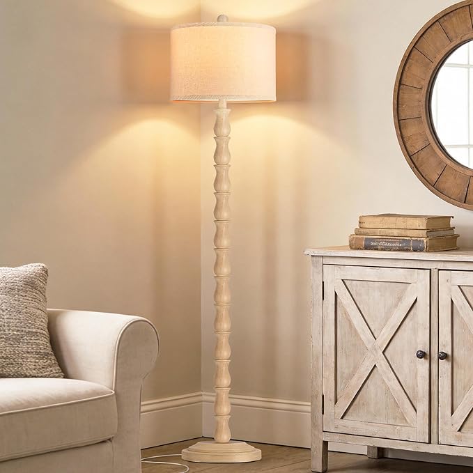 63.5" Rustic Floor Lamp for Living Room, Farmhouse Floor Lamp with Rotary Switch & Linen Shade, Vintage Resin Tall Standing Lamp for Bedroom Corner Office Home Decor, Cream (LED Bulb Included)