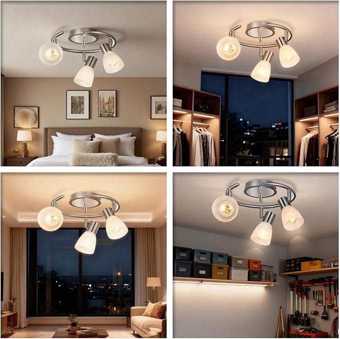 HiBay LED 3-Light Track Lighting Kit, Adjustable Ceiling Light Fixture Round, Modern Kitchen Spotlight with Glass Lampshade for Living Room Bedroom Hallway, E12 Base (Bulbs Not Included)