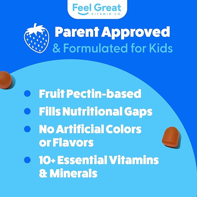 Gummies multivitamines Feel Great Kids | Vitamines saveur agrumes et fraise pour enfants | Gummies multivitamines avec vitamine D pour le soutien des os, des muscles et du système immunitaire | Vitamines à croquer | Pour 45 jours