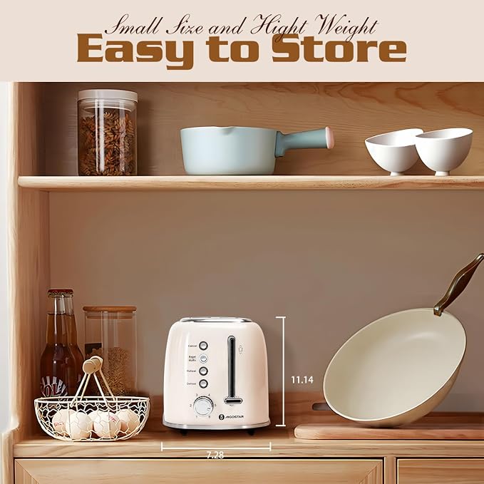 Aigostar Toaster 2 Slice, Retro Extra-Wide Slot Toasters Best Rated Prime for Toasting Bagels, Breads, Waffles & More, Cancel, Defrost & 6 Browning, Removable Crumb Tray, Stainless Steel, Cream White