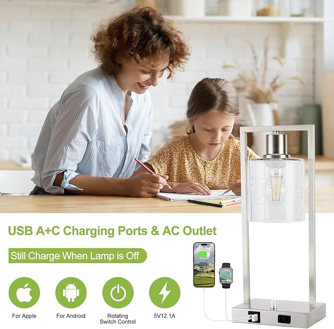 16" Desk Lamps for Home Office, Bedside Lamps with USB C+A Ports and Outlet, Nickel Fully Stepless Dimmable Industrial Table Lamps with Seeded Glass Shade for Reading Living Room, LED Bulbs Included