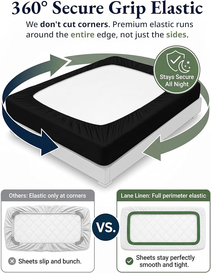 LANE LINEN Fitted Sheet King Size, 100% Organic Cotton, 3-Piece Set (1 Fitted Sheet,2 Pillowcases), Percale Weave, Ultra Soft, Breathable,Fits Mattress Upto 15" Deep - Black (No Flat Sheet)