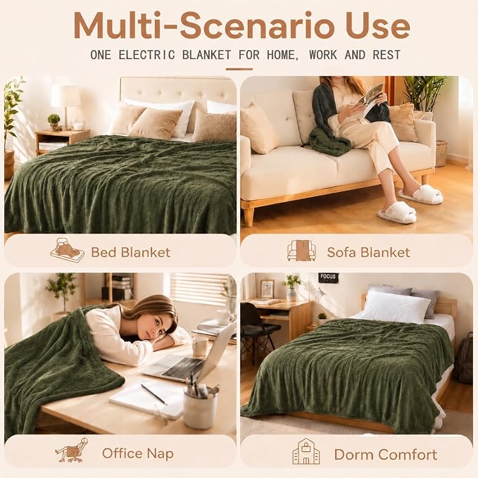 Electric Heated Blanket 72"x84" Full Size, Dual-Sided Flannel & Sherpa, 6 Heat Settings & 1-10H Auto Off, Soft Warm for Home, Office, Bed, Couch, Machine Washable, Ideal Winter Gift, Olive Green