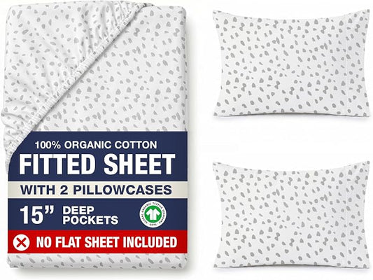 LANE LINEN Queen Fitted Sheet, 100% Organic Cotton Fitted Bed Sheets, 3 Pc Set(1 Fitted Sheet,2 Pillowcases) Percale Weave, Breathable, Fits Mattress Upto 15" Deep - White(Grey Dot)(No Flat Sheet)