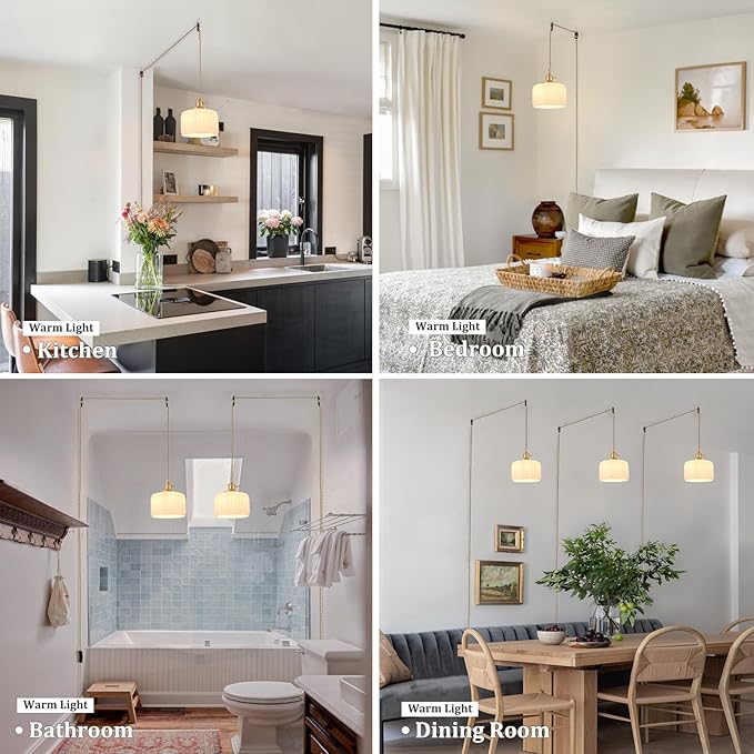 Shenmoyl Plug in Pendant Light Hanging Light Fixtures with Plugin Cord On/Off Switch,White Striped Glass Lampshade Brass Pendant Light