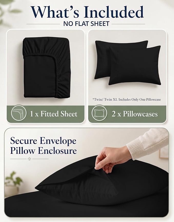 LANE LINEN Fitted Sheet King Size, 100% Organic Cotton, 3-Piece Set (1 Fitted Sheet,2 Pillowcases), Percale Weave, Ultra Soft, Breathable,Fits Mattress Upto 15" Deep - Black (No Flat Sheet)