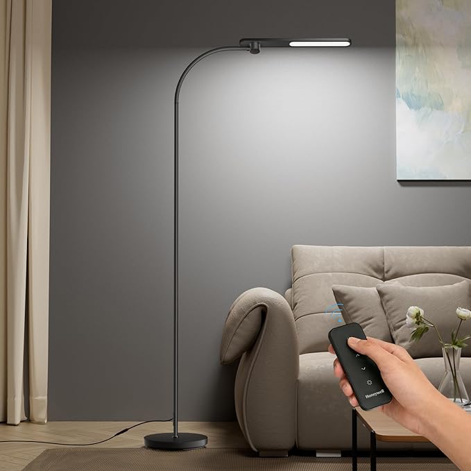 Honeywell LED Floor Lamp for Reading, CRI97 Full Spectrum Gooseneck Floor Lamp with Remote, Eye-Caring Dimmable Standing Task Light, 3 Color Temperatures, 77.5" Tall for Living Room Bedroom Office