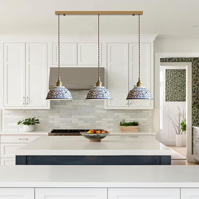 3-Light Ceramic Pendant Light, Chinese Blue and White Porcelain Pendant Light fixtures, Bedside Light, Hanging lamp for Kitchen Island Light Fixture, Home Bedroom Dining Room Ceiling Hanging Light
