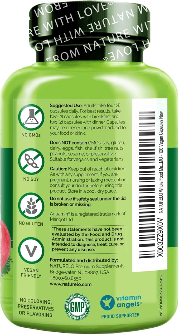 Multivitamines alimentaires complètes NATURELO pour femmes de 50 ans et plus (sans fer) avec vitamines, minéraux et extraits biologiques – Supplément pour femmes ménopausées de plus de 50 ans – Sans OGM – 120 gélules végétaliennes