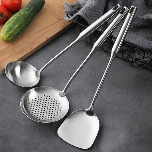 Wok Utensils for Carbon Steel, Stainless Steel Wok Spatula, Wok Tools Professional Set, 3-Pieces Food-Grade 304 Stainless Steel Cooking Utensils All Metal, Dishwasher Safe