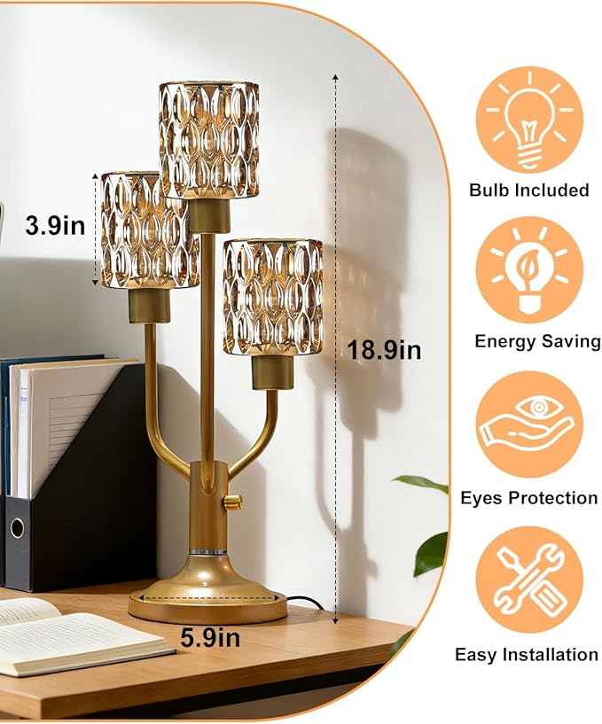 Mid Century Modern Vintage Table Lamp Dimmable Nightstand Lamp Gold Desk Lamp with Brown Glass 3 Bulbs Included Warmwhite Ambient Bedside Lamps for Bedroom Living Room Office Home Decor