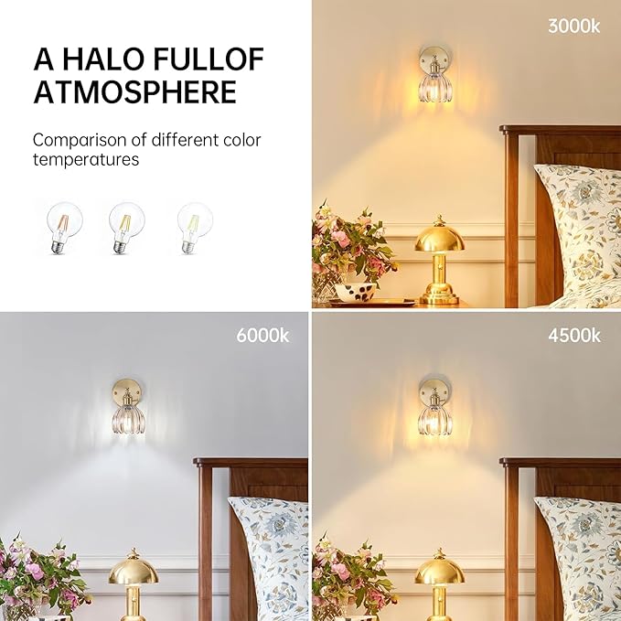 Shenmoyl Vintage Wall Sconces Set of 2 with Amber Tulip Glass Lampshade 180 Degree Adjustable Brass Sconces Hradwired Modern Wall Lighting Fixture with Switch for Bedside Bedroom Doorway