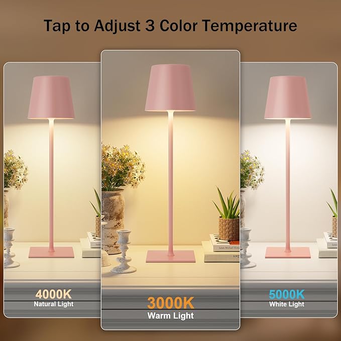 Kakanuo Pink Cordless Rechargeable Table Lamp, 2 Pack Portable Desk Lamp with 5000mAh Battery, Touch Control Stepless Dimming, Wireless Night Light for Dining, Outdoor Camping, Coffee Shop