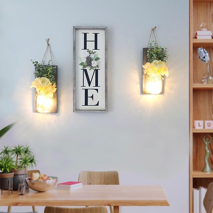 Modern Farmhouse Wall Decor, Country Wall Decor for Bedroom, Living Room, Kitchen, Rustic Wall Art with Led Fairy Lights & Rose Flowers, Wall Art Set of 2, Large Grey
