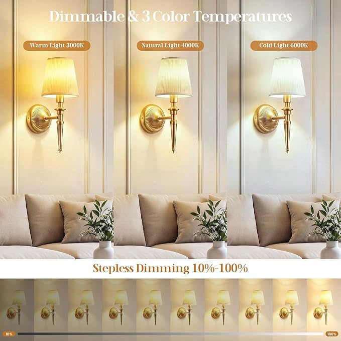 Battery Operated Wall Sconces Set of 2, Wireless Rechargeable Wall Lights with 12 RGB Colors and 3CCT Dimmable, Small Fabric LED Wall Lamps for Bedroom, Living Room, Hallway, Gold