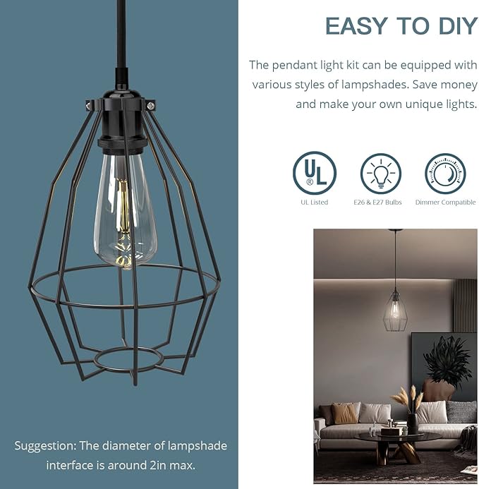 JACKYLED Pendant Light Kit UL Canopy Kit Copper Socket E26 E27 Lampholder Black Woven Fabric Pendant Light Cord Adjustable Ceiling Lighting (Pearl Black)