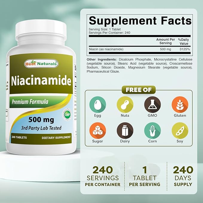 ベストナチュラルズ ナイアシンアミド 500mg 240タブレット (ベジタリアン対応) - ナイアシン（ビタミンB3）のフラッシュフリータイプ