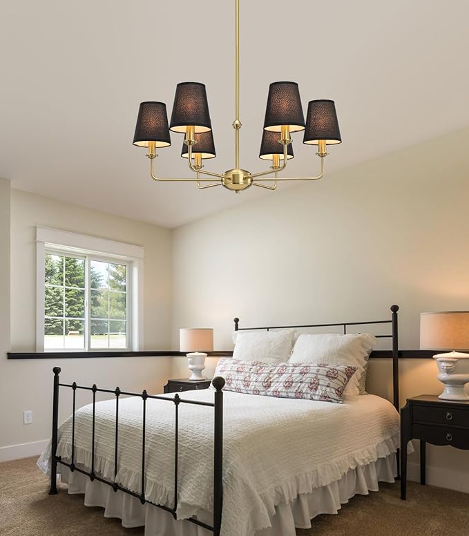 6-Light Brushed Gold Chandelier with Black Fabric Shades, Modern Brushed Brass Chandelier Light Fixture, E12 Base Hanging Pendant Light for Dining Room Living Room Bedroom Kitchen Island Foyer