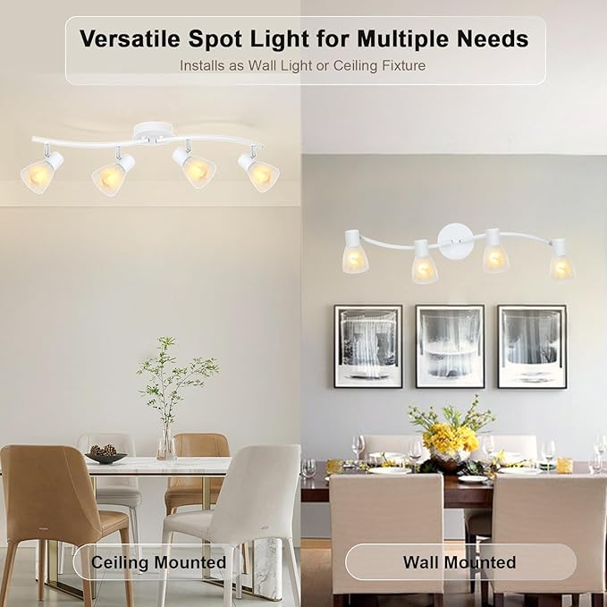 HiBay 4-Light Track Lighting, Modern White Glass Ceiling Light Fixture, Adjustable Flush Mount Track Spotlight for Bathroom, Kitchen, Dining Room, E12 Base, No Bulbs