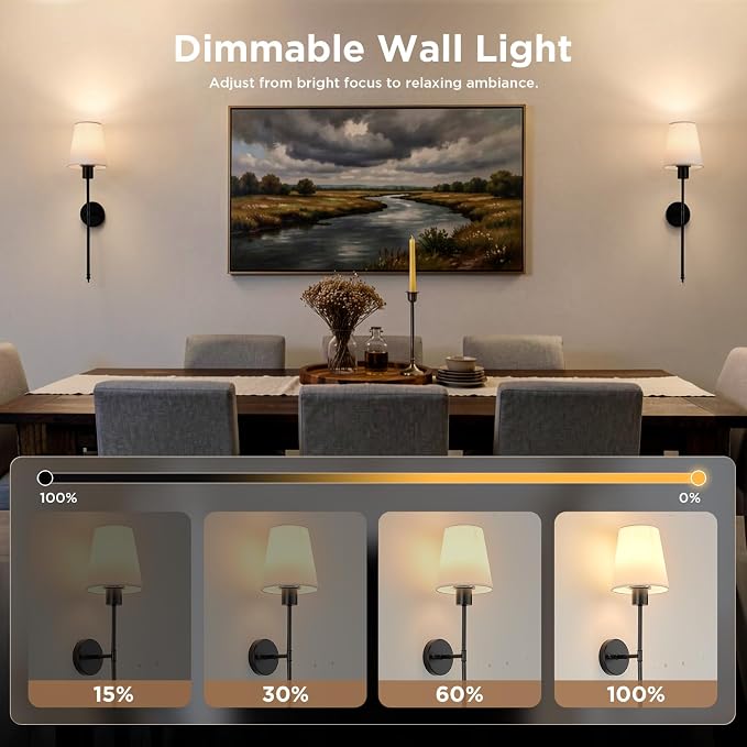 Brightown Battery Operated Wall Sconce Set of 2,Wireless Rechargeable Wall Lights with Dimmable Magnetic Bulbs and Remote for Living Room，12 Colors Black Wall Lamp for Bedroom Hallway Decor