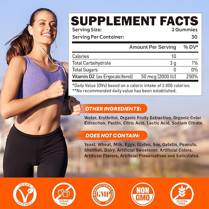 Gummies de Vitamine D2 2000 UI, Supplément de Vitamine D à Base de Plantes de Champignon Entier, pour le Soutien Osseux, Musculaire et Immunitaire, Apport Quotidien de Soleil, Végan, Sans OGM, Orange, 60 Gommes