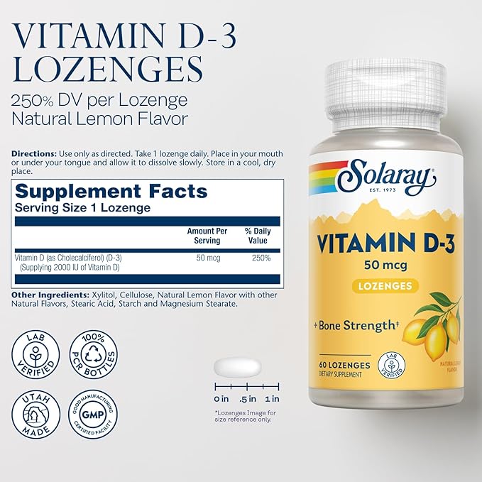 SOLARAY ビタミンD3トローチ 50mcg - 2000IU D3ビタミン - 丈夫な骨、筋肉、免疫サポート - 天然レモンフレーバー - 研究室検証済み、60日間保証 - 60回分、60トローチ