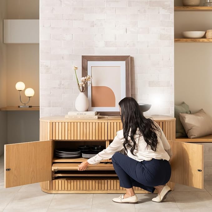 Transformer Table Round Sideboard Buffet Cabinet, Natural | Hidden Drawers, Wood Storage Cabinet, Solid Wood, Integrated Table Panel Storage