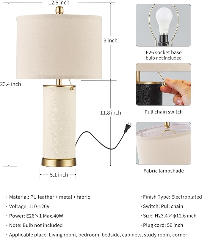 KDG 23.4" White PU Leather Table Lamps for Living Room Set of 2, E26 Socket LED Modern Home Decor Fabric Lampshade Desk Lamp Lighitng for Bedroom, Bedside, Farmhouse, Nightstand, Night Light