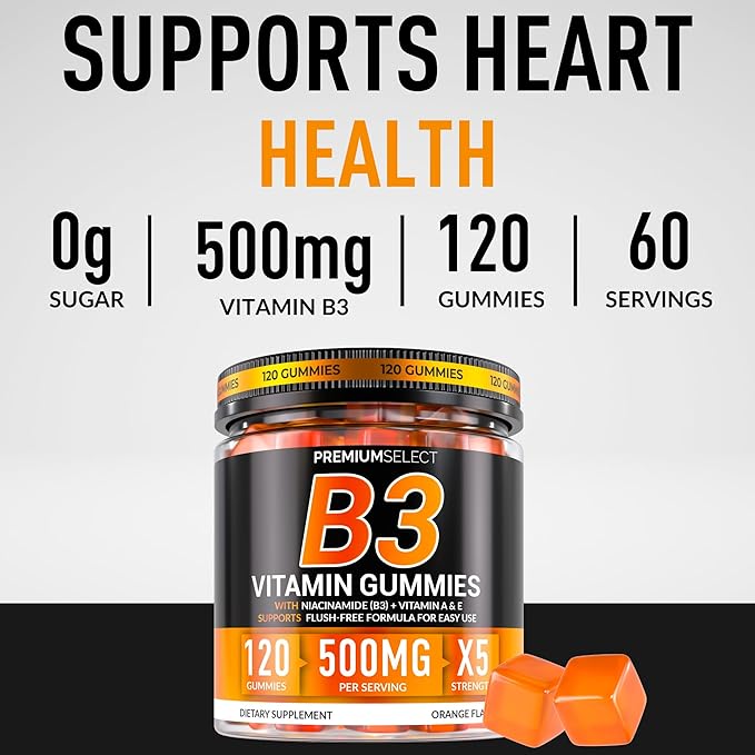 Gummies de Vitamine B3 Niacinamide 500 mg – Supplément de Niacine sans Effet Flush avec Vitamines A et E – 120 Gummies Véganes pour Adultes – Sans OGM, Sans Sucre, Sans Gluten – Approvisionnement pour 2 Mois