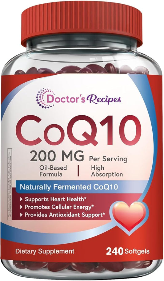 Doctor's Recipes CoQ10 200mg Per Serving, High Absorption Coenzyme Q10 Supplement with Olive Oil, Heart & Vascular Health, Energy Production & Antioxidant Support, 4 Month Supply, 240 Softgels
