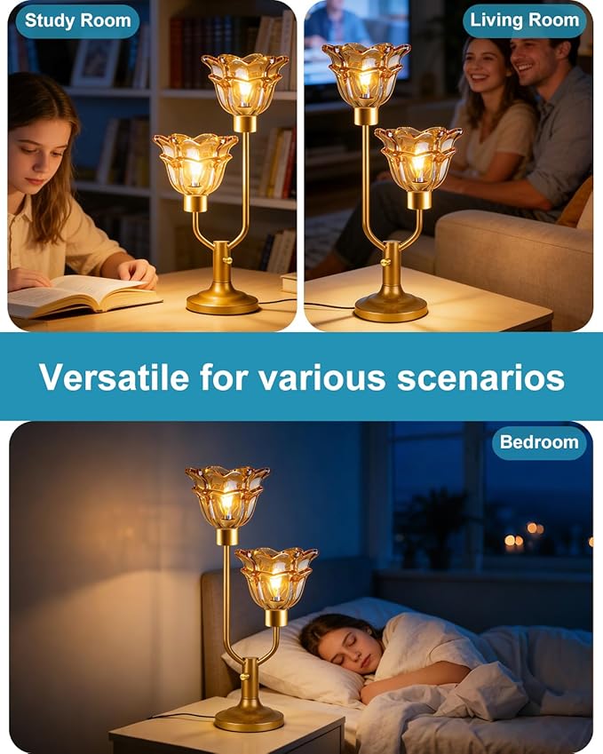 Lightdot Mid Century Modern Flower Table Lamp for Living Room Dimmable Nightstand Lamp Amber Glass Vintage Gold Desk Lamp 2 Bulbs Included Warmwhite Ambient Bedside Lamp for Bedroom Home Office Decor