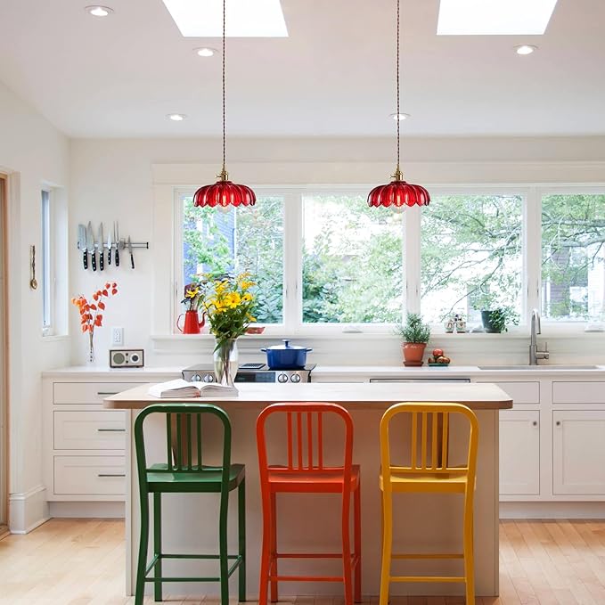 XZHGCEE Plug in Pendant Light: Hanging Light Plug in Red Glass Hanging Lamp, Pendant Lighting for Kitchen Island, Bedroom, Dining Room, Living Room, E26 No Bulb