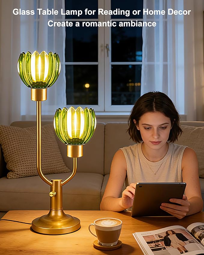 Lightdot Green Glass Flower Table Lamp for Bedroom Dimmable Nightstand Lamp Mid Century Modern Vintage Gold Desk Lamp 2 Bulbs Included Warmwhite Ambient Bedside Lamp for Living Room Home Office Decor