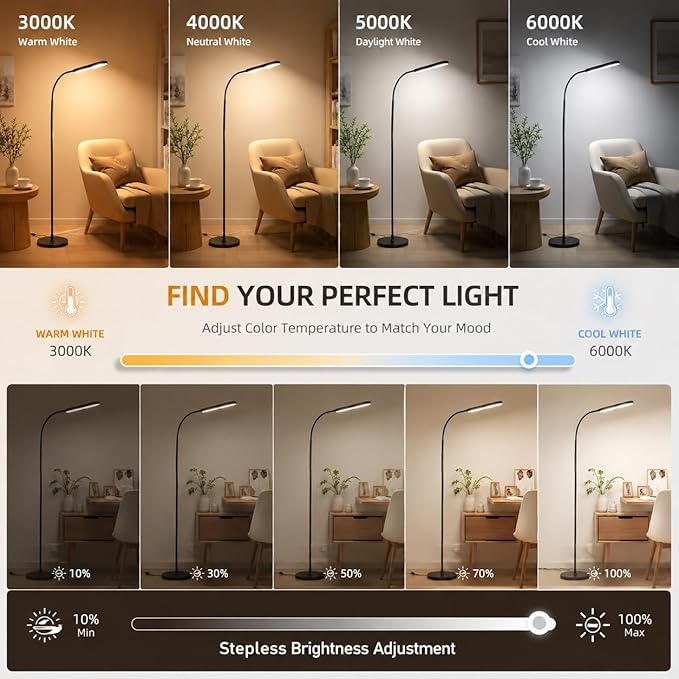 Wio-Mio Floor Lamps, RGB Color Changing Dimmer Bright LED Floor Lamp with Stepless Adjustable 3000K-6000K, Smart Remote Control Modern Standing Floor Lamp for Bedroom, Reading, Gaming Room