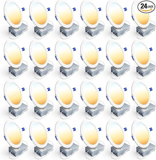 Ensenior 24 Pack 6 Inch LED Recessed Ceiling Light, Dimmable, 2700K-5000K 5CCT, 1200LM 12W 120V, High Brightness Canless Wafer Downlight - ETL&FCC&IC