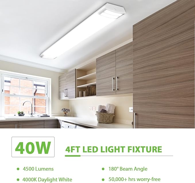 ANTLUX 4FT LED Flush Mount Puff Lights, 40W 4500LM Linear Light, 4000K Neutral White, 4 Foot Integrated LED Wraparound Ceiling Lighting Fixtures for Kitchen Laundry, Fluorescent Replacement, 4 Pack
