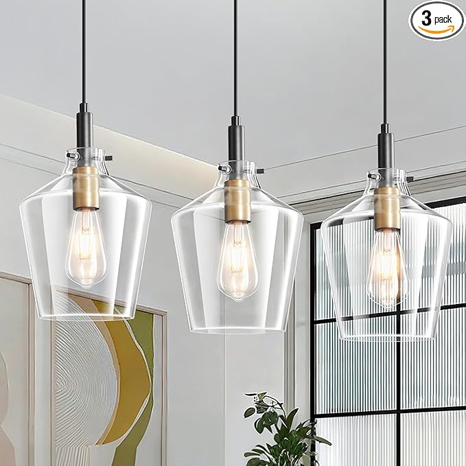 Modern Glass Pendant Light for Kitchen Island 3 Pack, Farmhouse Black and Gold Pendant Light Fixtures, Adjustable Hanging Ceiling Light, Angled Clear Glass Shades 8 Inch