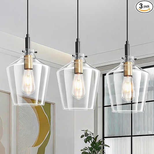 Modern Glass Pendant Light for Kitchen Island 3 Pack, Farmhouse Black and Gold Pendant Light Fixtures, Adjustable Hanging Ceiling Light, Angled Clear Glass Shades 8 Inch