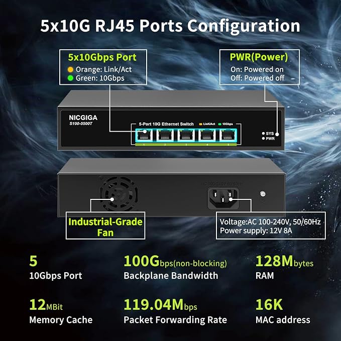5 Port 10G Ethernet Switch Unmanaged,with 5X 10Gb Base-T RJ45 Ports, NICGIGA 10Gbps Network Switch Easy for 10G NAS,PC,WiFi7 Router,10G Adapter/NIC. Desktop or 19-inch Rack Mount, Plug and Play.