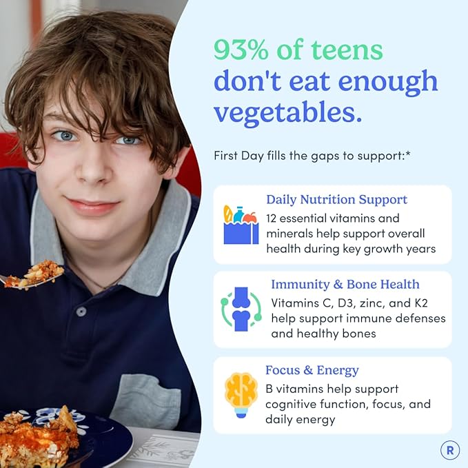 FIRST DAY Vitamines pour Adolescents - Multivitamines pour Adolescents Filles et Garçons 12-17 ans, Mélange Biologique de Fruits et Légumes - 12 Nutriments Clés : Vitamines A, B1, B2, B6, B9, B12, C, D3, E, K2 - Approvisionnement de 60 Jours