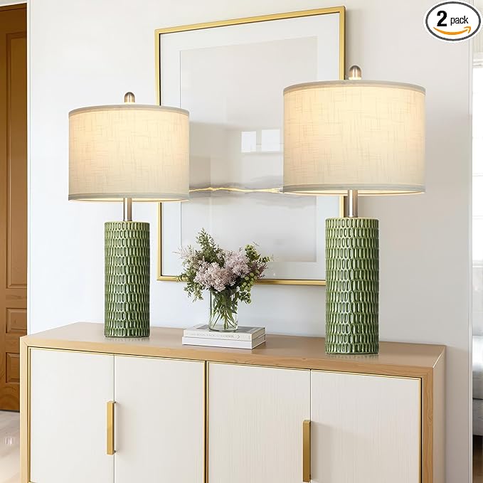 Cinyirong Modern Ceramic Table Lamps for Night Stands - Bedside Lamps Set of 2 for Nightstand, 27" Green Elegant Bedroom Lamp for Night Stand Desk Side End Table Home Decor(2 Bulbs Included)