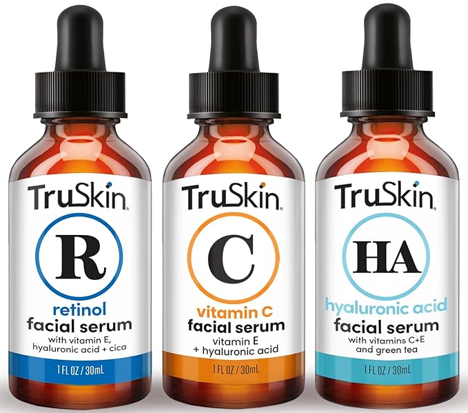 TruSkin フェイスセラムトリオ – ビタミンC、レチノール、ヒアルロン酸配合アンチエイジングセラム（顔用） – 朝用、夜用、一日中使えるスキンケア – 顔用ブライトニング、スムージング、保湿セラム、各30ml