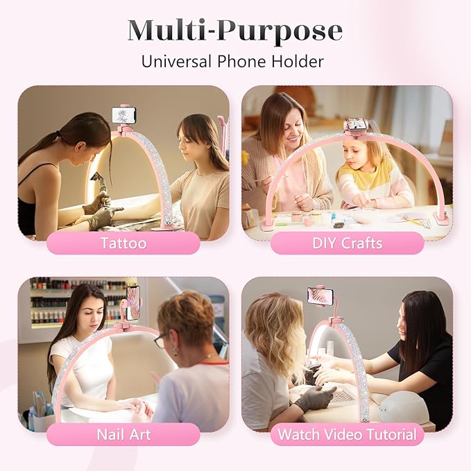 Yokilly Half Moon Light for Nail Desk: 29" Foldable Half Moon Nail Desk Lamp with Phone Holder for Beginner - Arch Tech Light with 3 Color Modes & 10 Brightness for Manicure Salon (Pink Diamond)