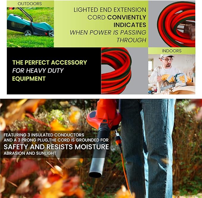 Go Green Power Inc. 16/3 25ft Outdoor Extension Cord with Lighted End - Contractor Grade,Durable,and Moisture Resistant - Ideal for Heavy Duty Tools - GG-13725,(Pack of 12)