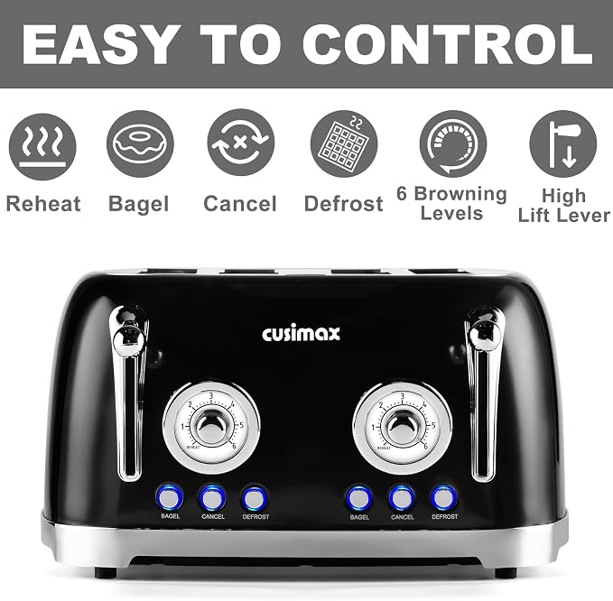 CUSIMAX Toaster 4 Slice, Retro Toaster with Wide Slots for Bagels, Stainless Steel with 6 Toast Settings, Bagel, Cancel, Defrost & Reheat Functions, Dual Independent Control Panels, Black