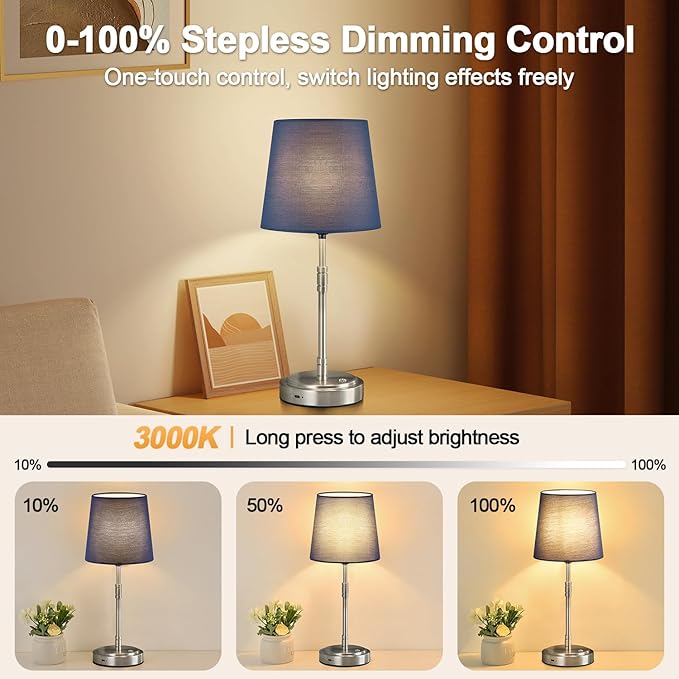 Cordless Table Lamps Set of 2 – Battery Operated Lamp with 7500mAh Rechargeable Battery, Stepless Dimmable Brushed Nickel Lamps with Blue Shade, Wireless Lamps for Dining Room (Bulbs Included)