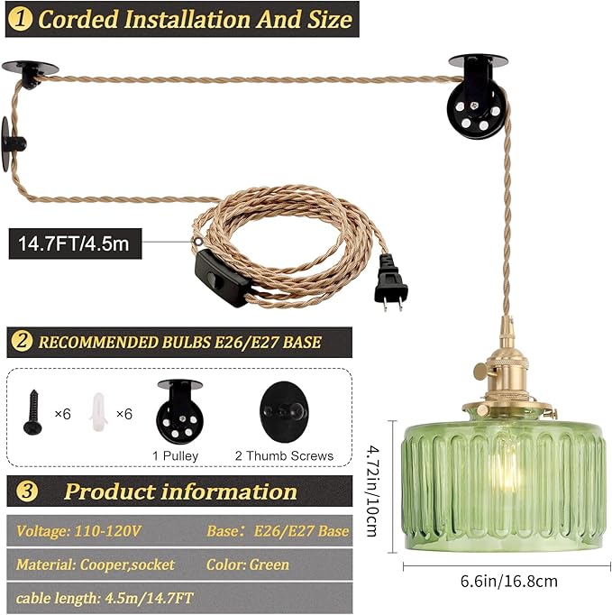 Shenmoyl Plug in Pendant Light Hanging Light Fixture Corded On/Off Switch Brass Pendant Light with Green Striped Glass Lampshade for Bedroom Living Room Kitchen Island