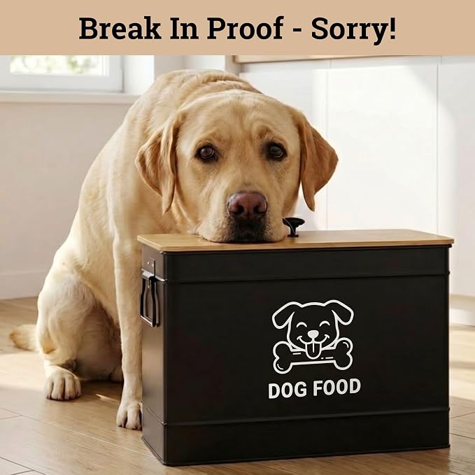 Dog Food Container Airtight 15 lb (50 Cup) Capacity with Metal Scoop - Cute Airtight Dog Food Storage Container with Bamboo Lid - Black Metal Kibble Storage Bin for Dogs up to 100 lbs - Big Pet Jar
