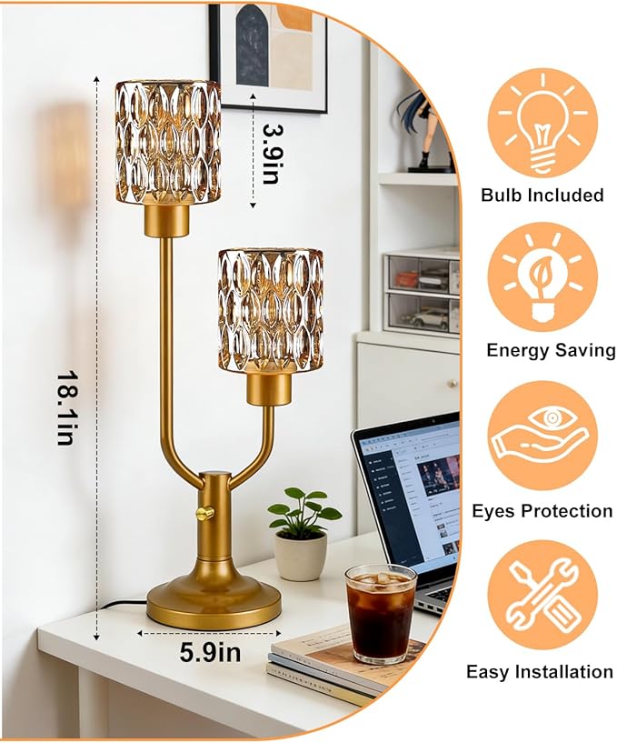 Lightdot Mid Century Modern Table Lamp for Living Room Dimmable Nightstand Lamp Amber Glass Vintage Gold Desk Lamp 2 Bulbs Included Warmwhite Ambient Bedside Lamps for Bedroom Home Office Decor Gift